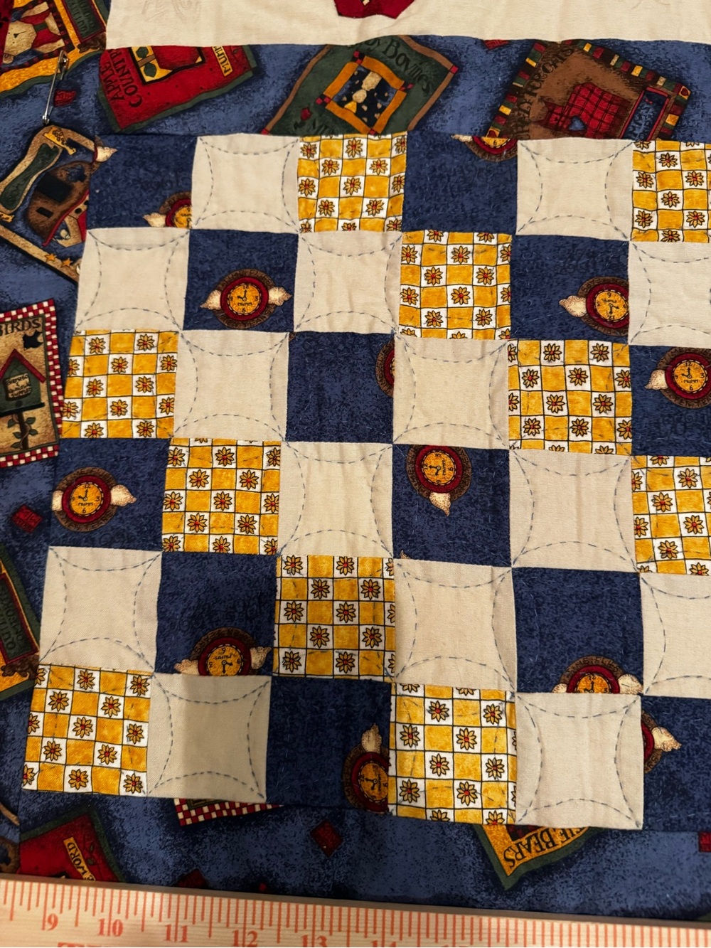 Handmade Quilted Patchwork Throw in Blue, Red & Yellow - Picture 2 of 6
